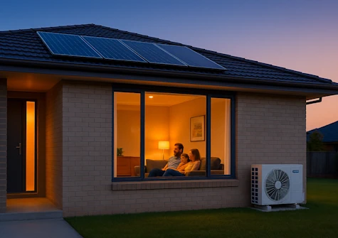 Outside home with solar and family inside watching tv at night
